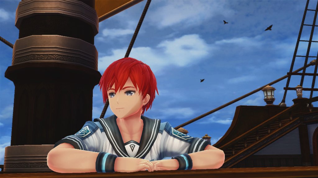 Leaning off the edge of a sailing ship at the start of Ys VIII: Lacrimosa of Dana.