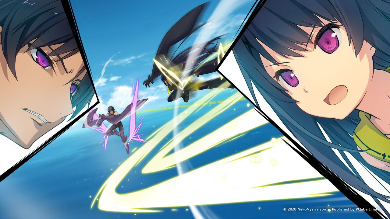 A girl with long dark hair faces off against a similar violet-eyes person while flying through a blue sky above some water.