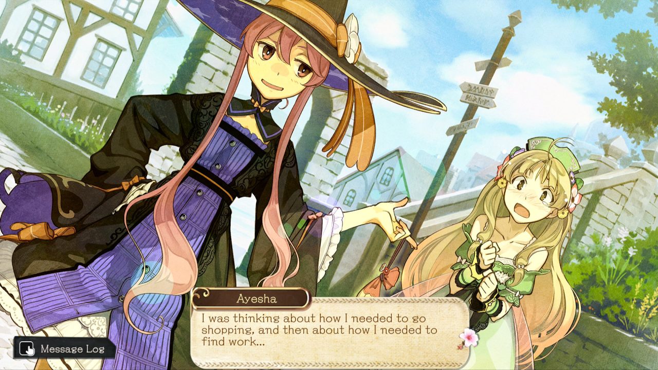 Atelier Ayesha protagonists Ayesha Altugle and Wilbell Voll-Ersleid conversing in the main city of Vierzeberge.