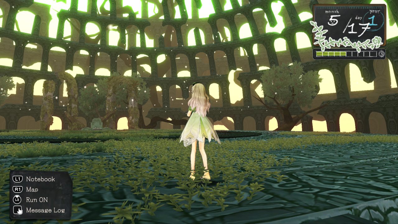 Atelier Ayesha protagonist Ayesha Altugle viewing the location where her sister disappeared, an ancient ruin washed in eerie light.