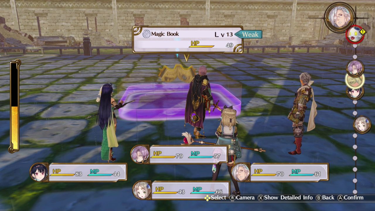 Combat screenshot from Atelier Firis featuring the party and a Magic Book enemy.
