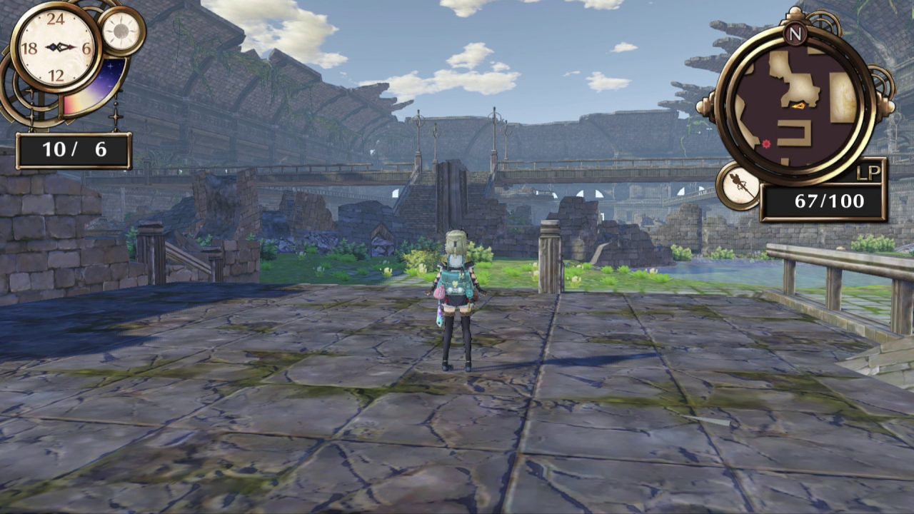 Firis in an open area with stone on the ground, surveying some dungeon ruins.