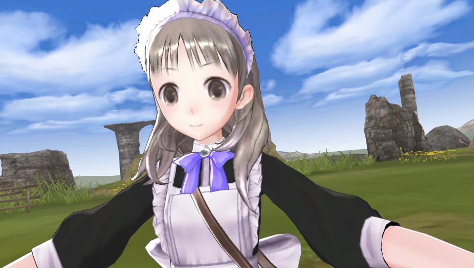 A screenshot of a girl with her arms open in a field in Atelier Totori