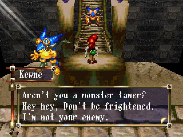 Azure Dreams screenshot of a blue monster telling the player do not be frightened