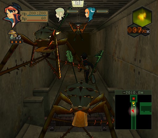 In first-person view, a bunch of giant spiders with brightly colored accents jump toward the player.