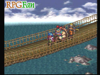 Une capture d'écran de Ryu et son groupe traversant un pont dans Breath of Fire III