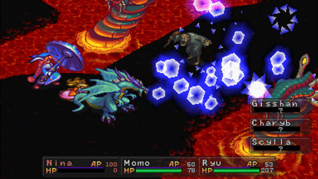 Breath of Fire III screenshot of Ryu in dragon form breathing icy hexagon-shaped particles onto enemies inside a lava-filled dungeon