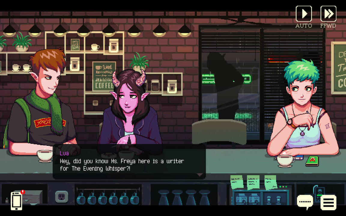 Pull up a chair and join the characters at the bar in Coffee Talk! Freya and Lua are currently talking.