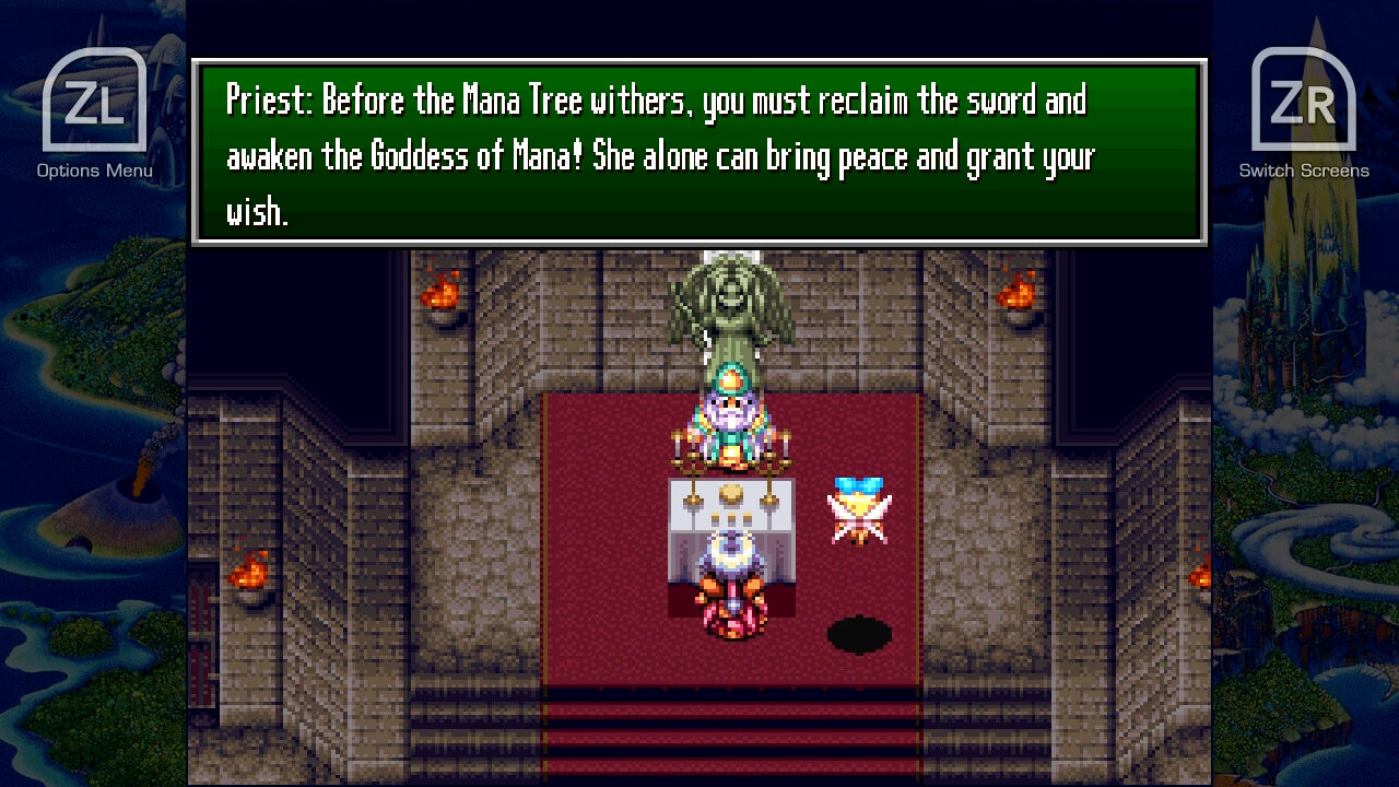 A screenshot of a conversation with a priest in a chapel in Trials of Mana