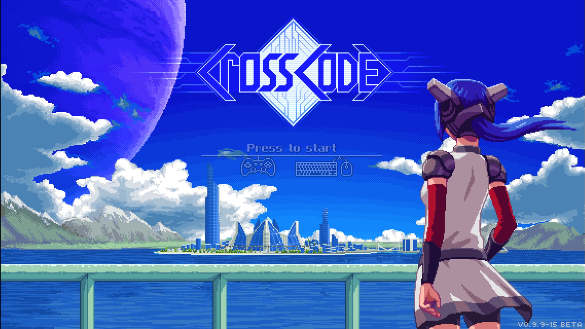 CrossCode title screen featuring Lea looking over the water at a city in the distance.