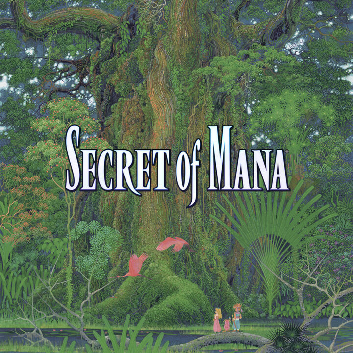 Secret of Mana title art with the protagonists at the base of a massive tree