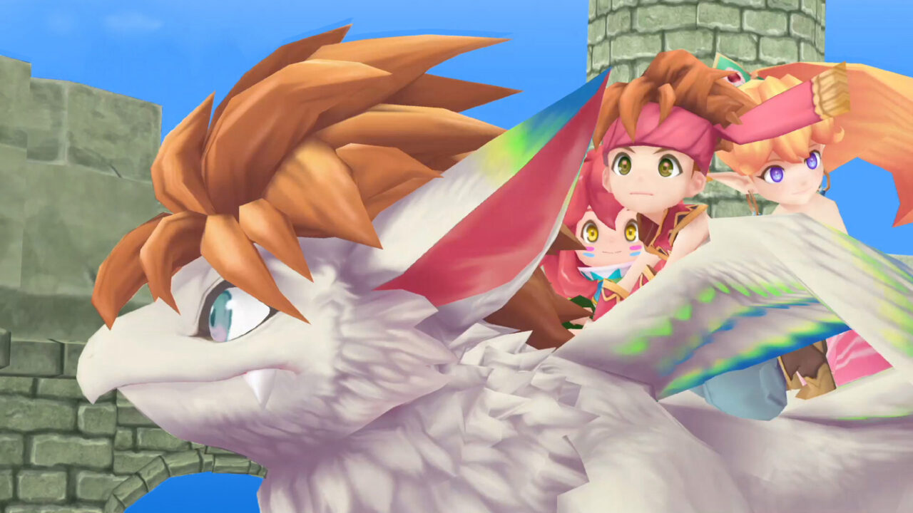 A screenshot of the main character trio riding Flammie in Secret of Mana