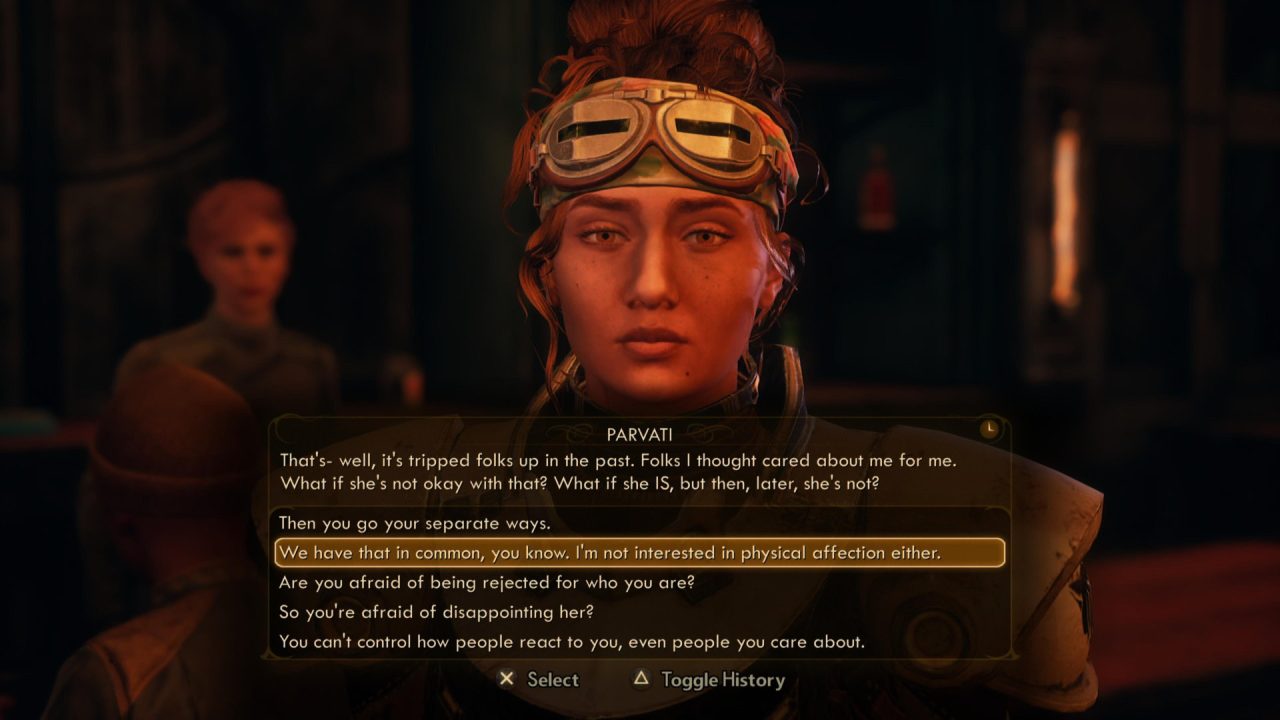 The Outer Worlds screenshot of Parvati worrying about her asexuality being a dealbreaker with Junlei, and the player is selecting an option that indicates they are asexual too.