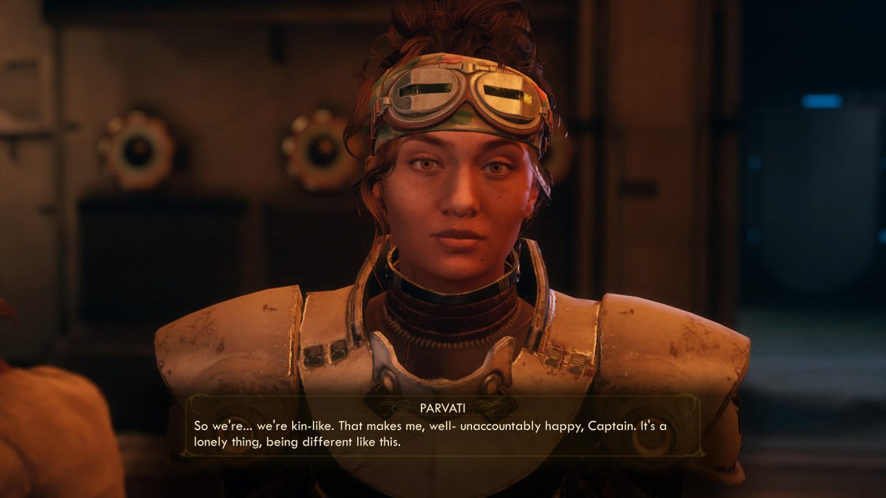 The Outer Worlds screenshot of Parvati expressing happiness after learning that she is not alone in being asexual.