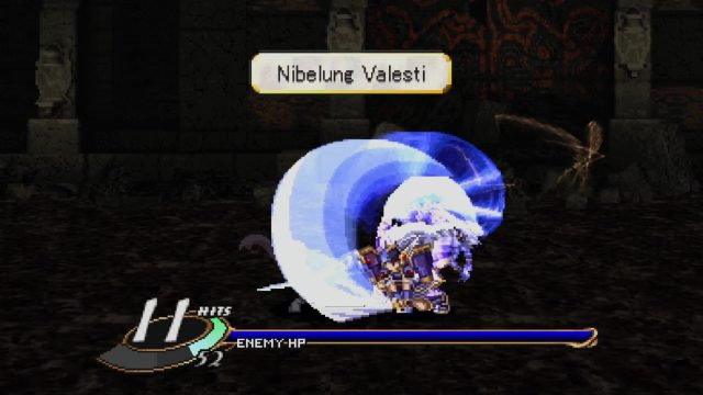 Valkyrie Profile: Lenneth battle screenshot of Valkyrie swinging a glowing sword into an enemy using the attack Nibelung Valesti.