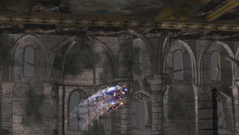 Valkyrie Profile: Lenneth screenshot of Valkyrie leaping into the air in a dungeon with a motion blur effect behind her.