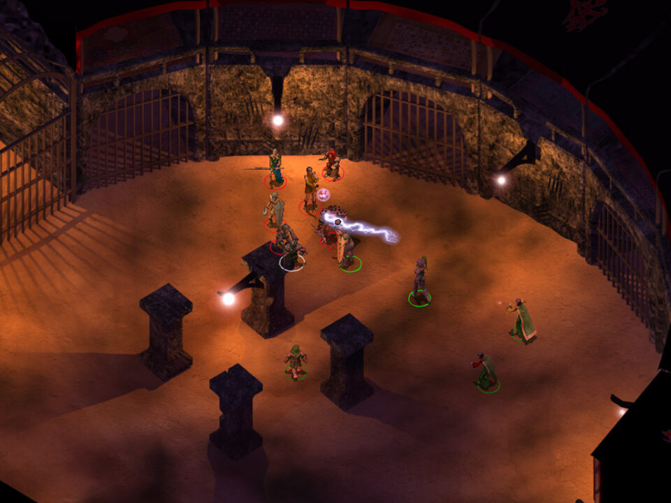 Baldur's Gate Enhanced Edition screenshot of a battle ensuing in a room of stone and metal bars on sandy ground