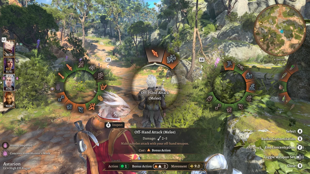 Baldur's Gate III menu with a series radial wheels displaying character actions. Off Hand Attack (melee) is currently selected.