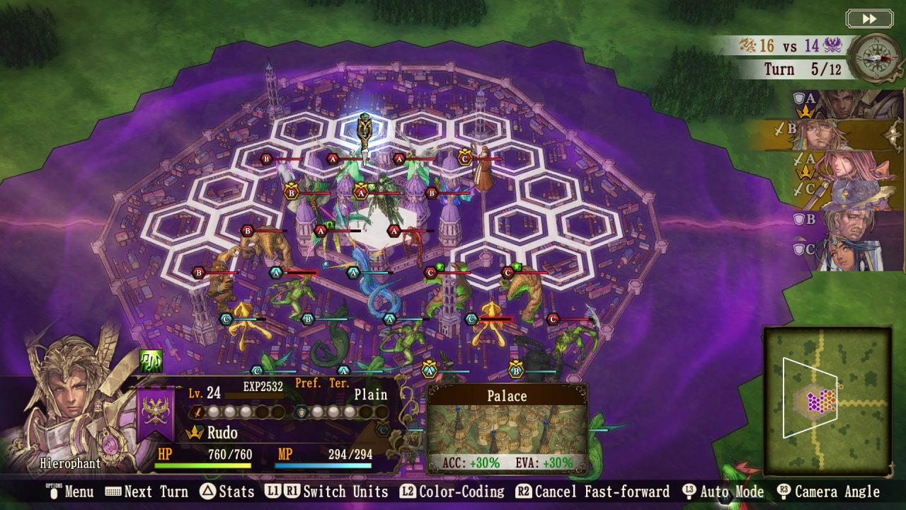 Brigandine The Legend of Runersia Screenshot of a hexagon-shaped grid-based battle of humans versus monsters in a large city.