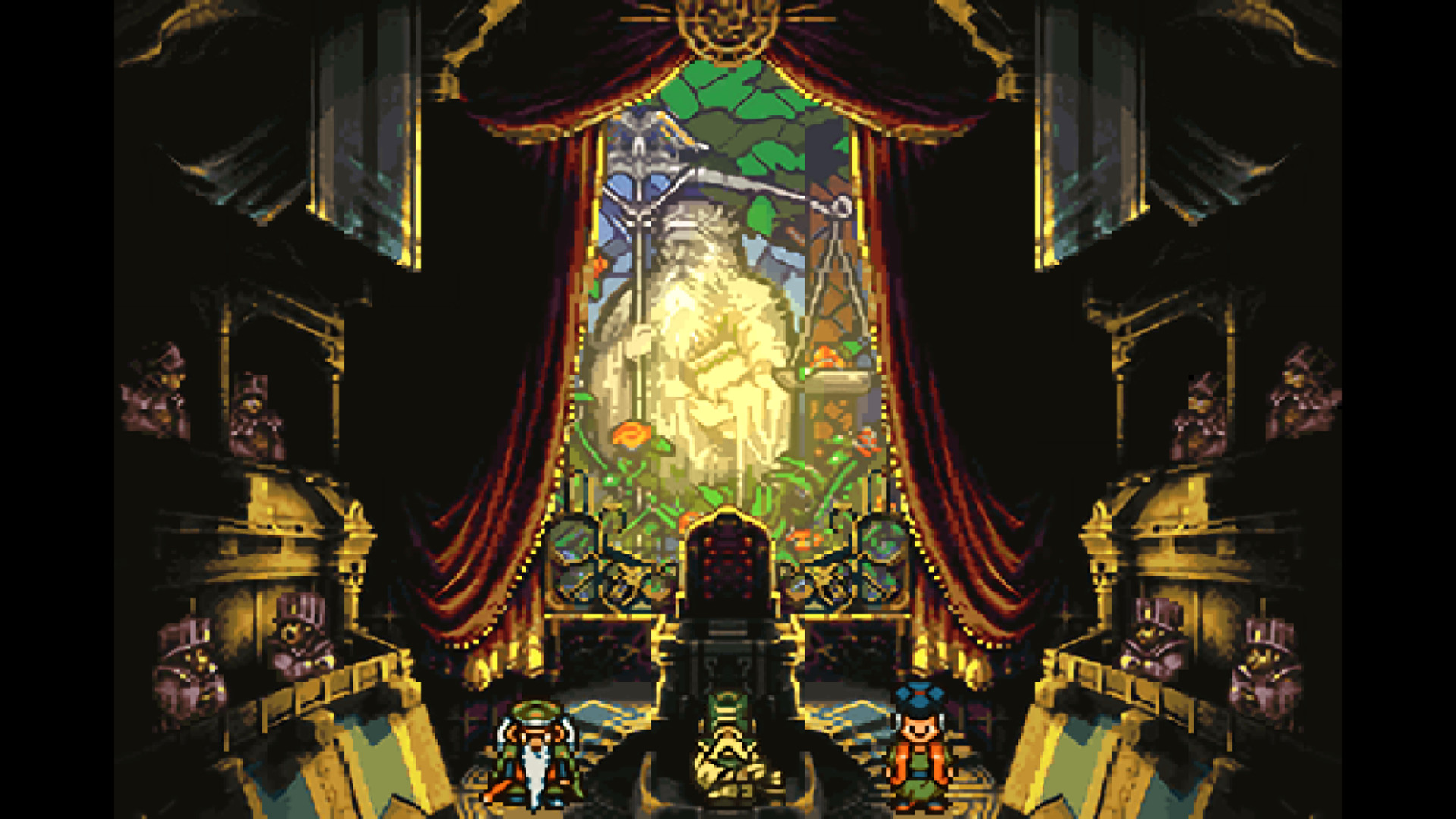 Chrono Trigger screenshot of a courtroom with a massive, elaborate stained glass and curtain backdrop.