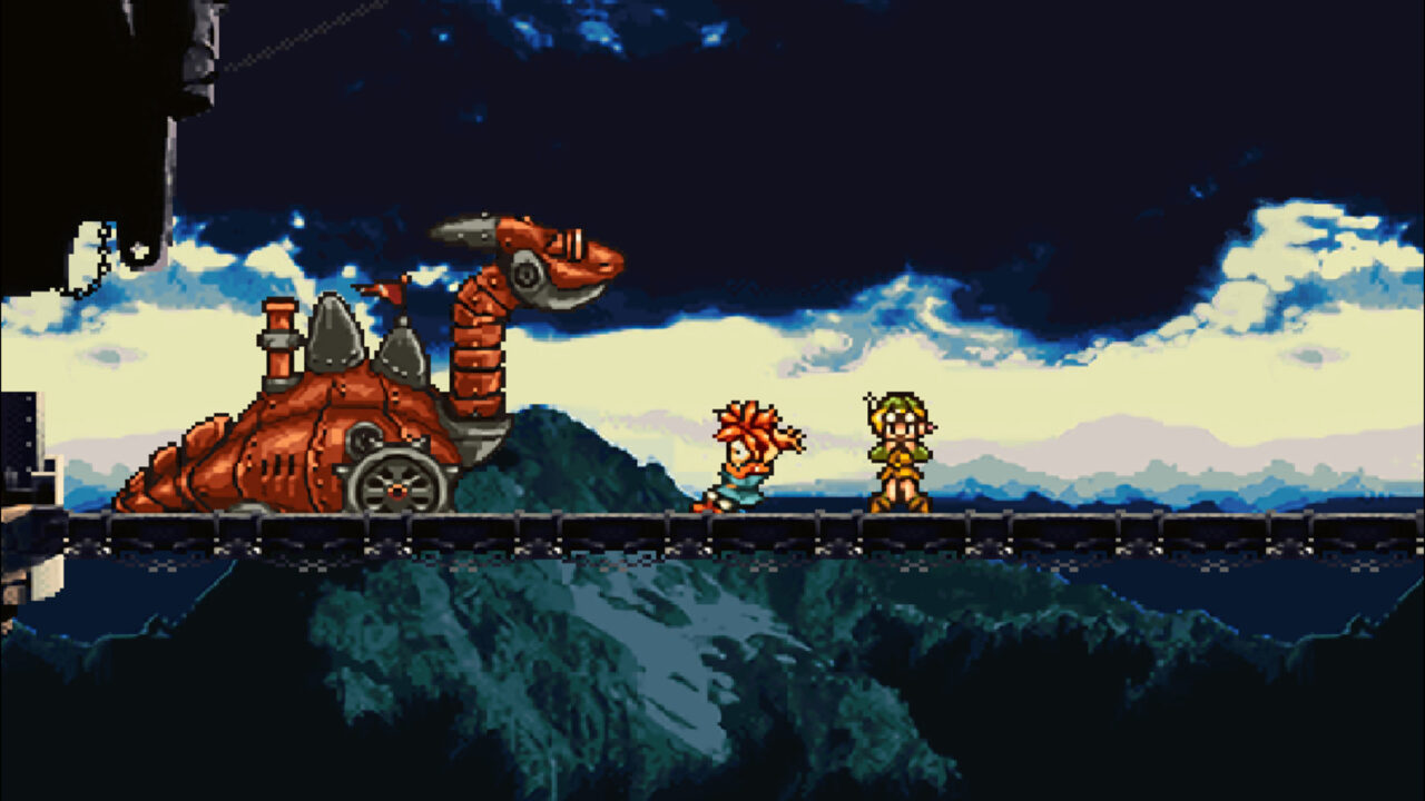A screenshot on a bridge with the party in front of a mechanical dragon in Chrono Trigger