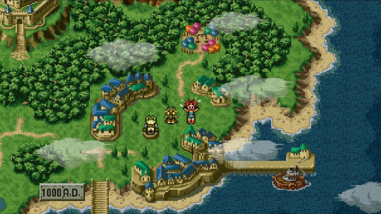 A screenshot of Crono and his friends on the world map in Chrono Trigger (2018)