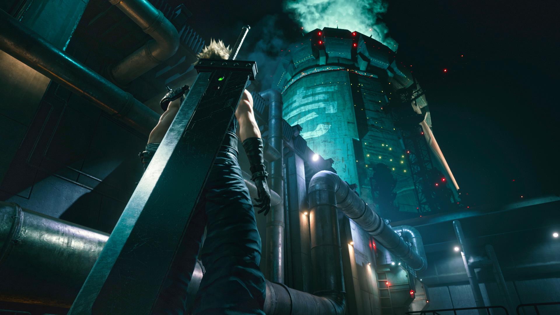 Blonde man with large sword looking up at a power reactor inside an industrial city at night