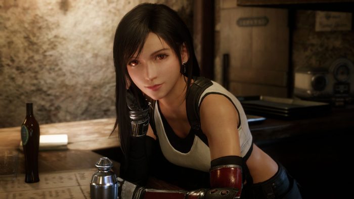 Heroine Tifa Lockhart leans forward at her bar in Final Fantasy VII Remake.