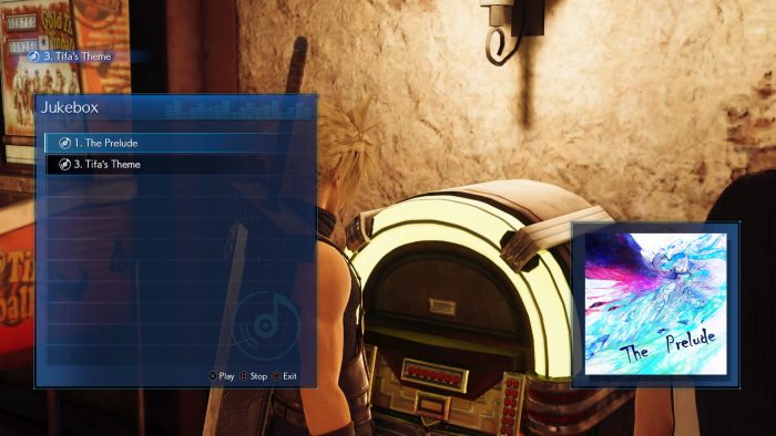 Cloud selects a song on the jukebox in Seventh Heaven in Final Fantasy VII Remake