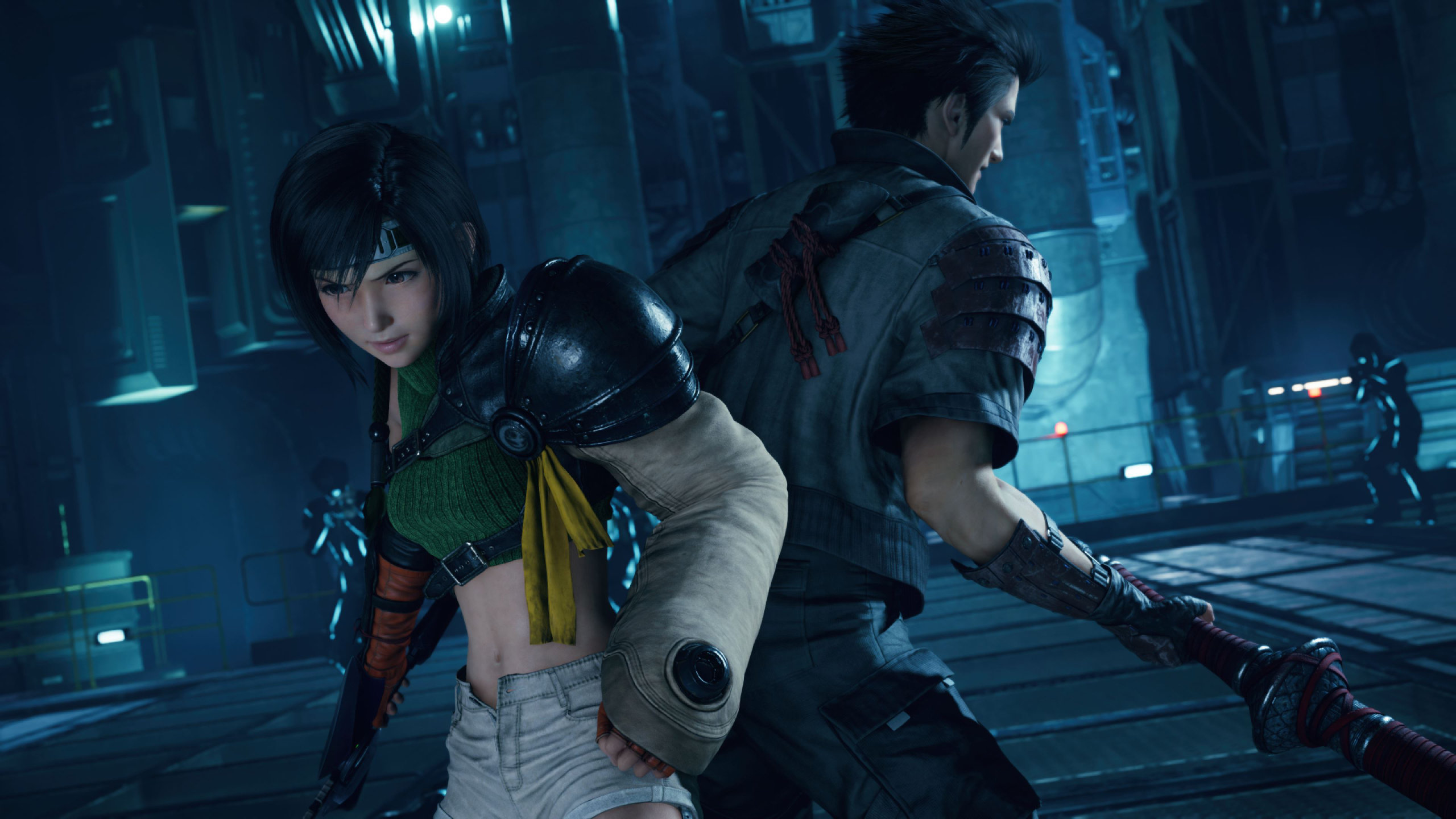 Yuffie and Sonon stand back to back in Final Fantasy VII Intergrade.