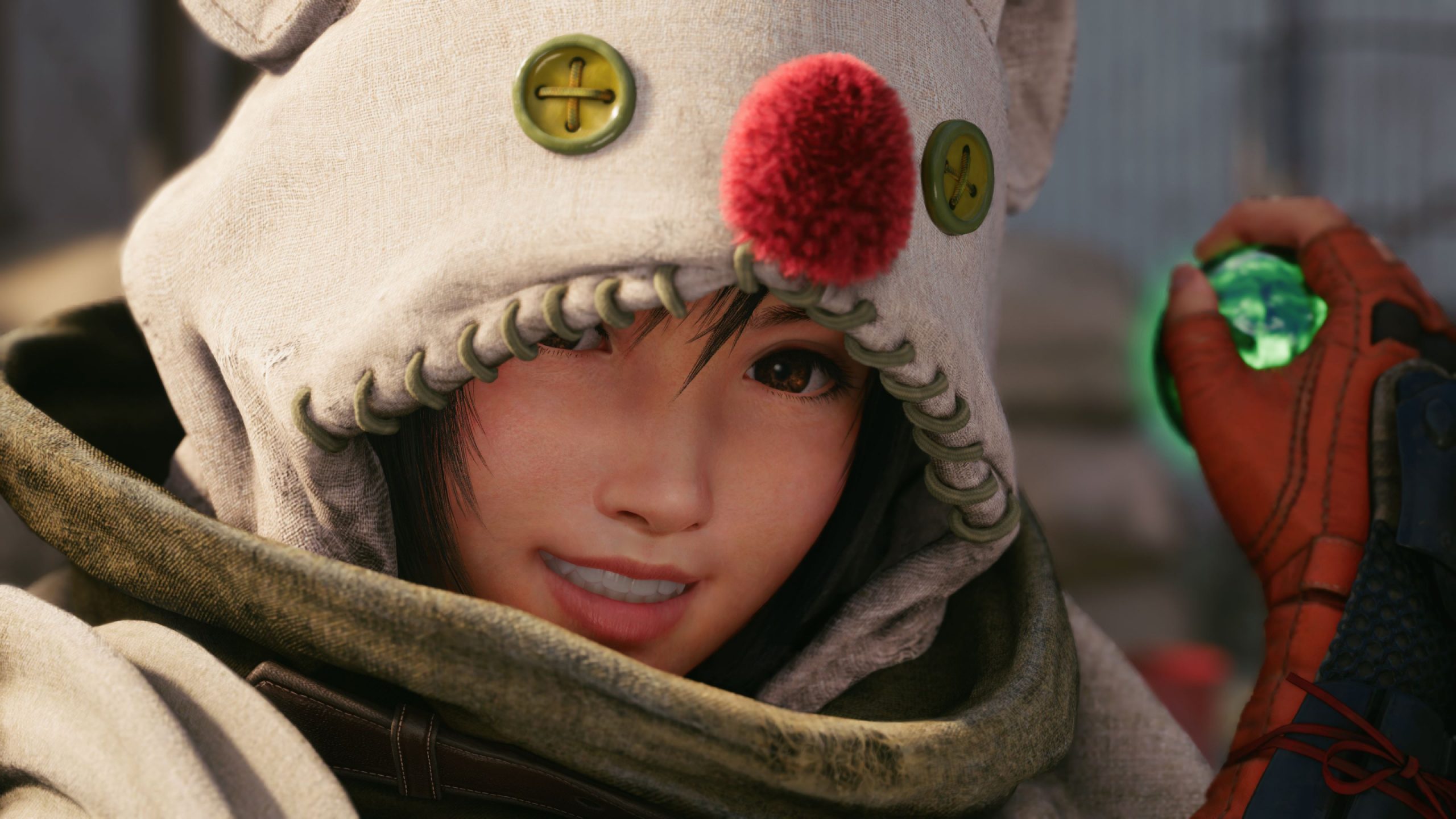 Final Fantasy VII Remake Intergrade Closeup of Yuffie dressed as a patchwork moogle.