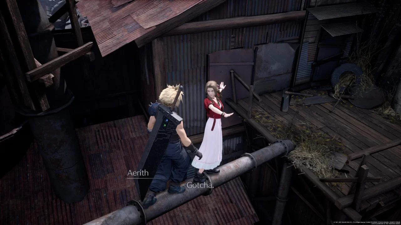 Cloud and Aerith walking along a metal pipe in Final Fantasy VII Remake