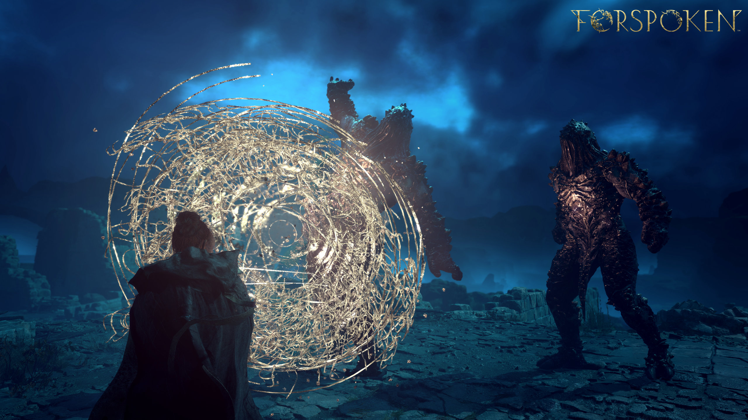 Forspoken Screenshot of a woman creating a round magical barrier as protection from two lumbering sludge beasts.