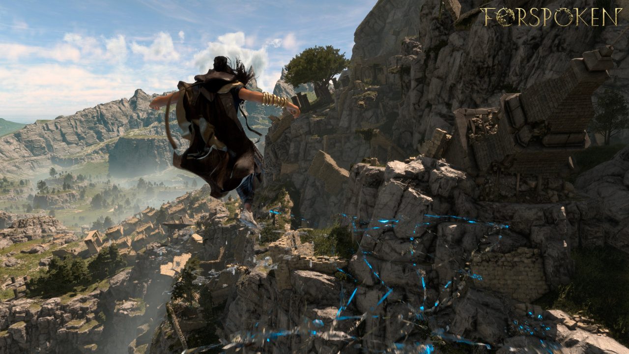 Forspoken screenshot of Frey leaping off a cliff face with the Magic Parkour system.