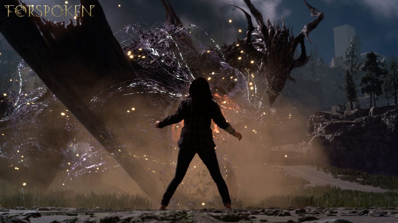 The protagonist of Forspoken, Frey, stands in front of a menacing, dark dragon.