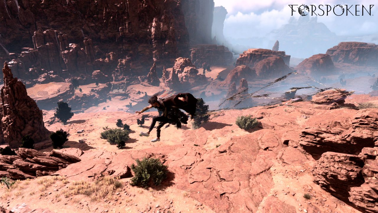 Frey jumps across an arid location in Forspoken.