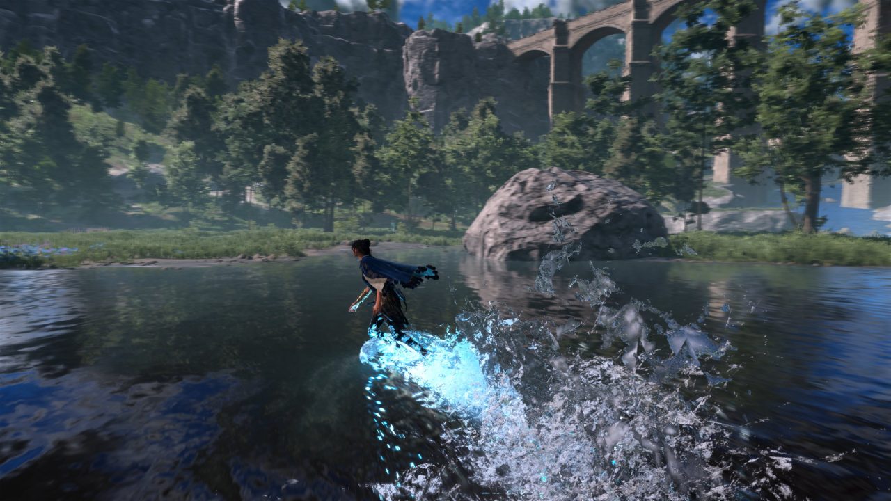 A screenshot of Forspoken, with protagonist Frey gliding across the surface of a lake upon a bubble of blue magic, surrounded by greenery and ruins.