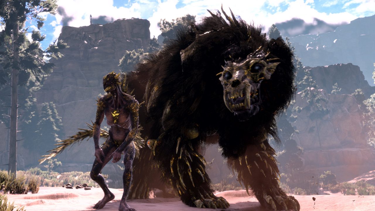 Two monsters in the desert in Forspoken. One is a human creature with crystalline spines and a tail. The other is a bear-like beast with an exposed skull.