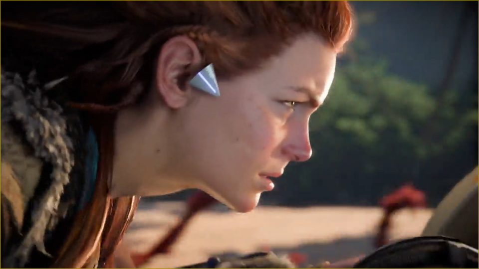 A close up of Aloy looking intense