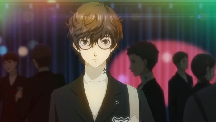 Our protagonist looking mild-mannered in a school uniform and large glasses.