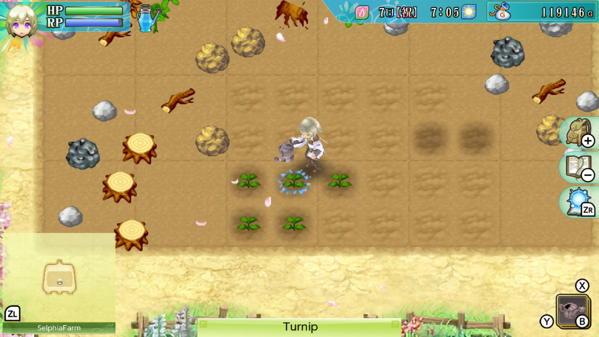 A figure uses a watering can on some small leaves in the center of a dirt patch.