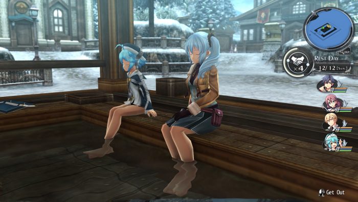 Captura de tela do Trails of Cold Steel II de Millium e Claire curtindo as fontes termais em Ymir.