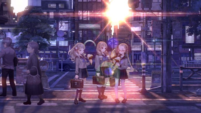 Screenshot of three girls in 13 Sentinels: Aegis RIm eating ice cream by a busy road.