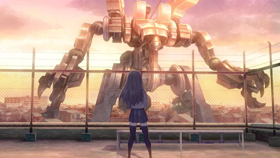 Screenshot From 13 Sentinels Aegis Rim Featuring A Girl Looking At A Giant Robot At Sunset