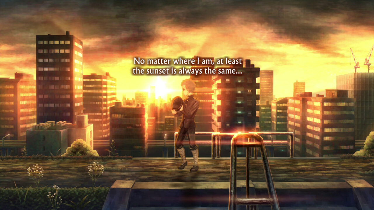 Keitaro Miura stares at the sunset in 1985 Japan in 13 Sentinels: Aegis.