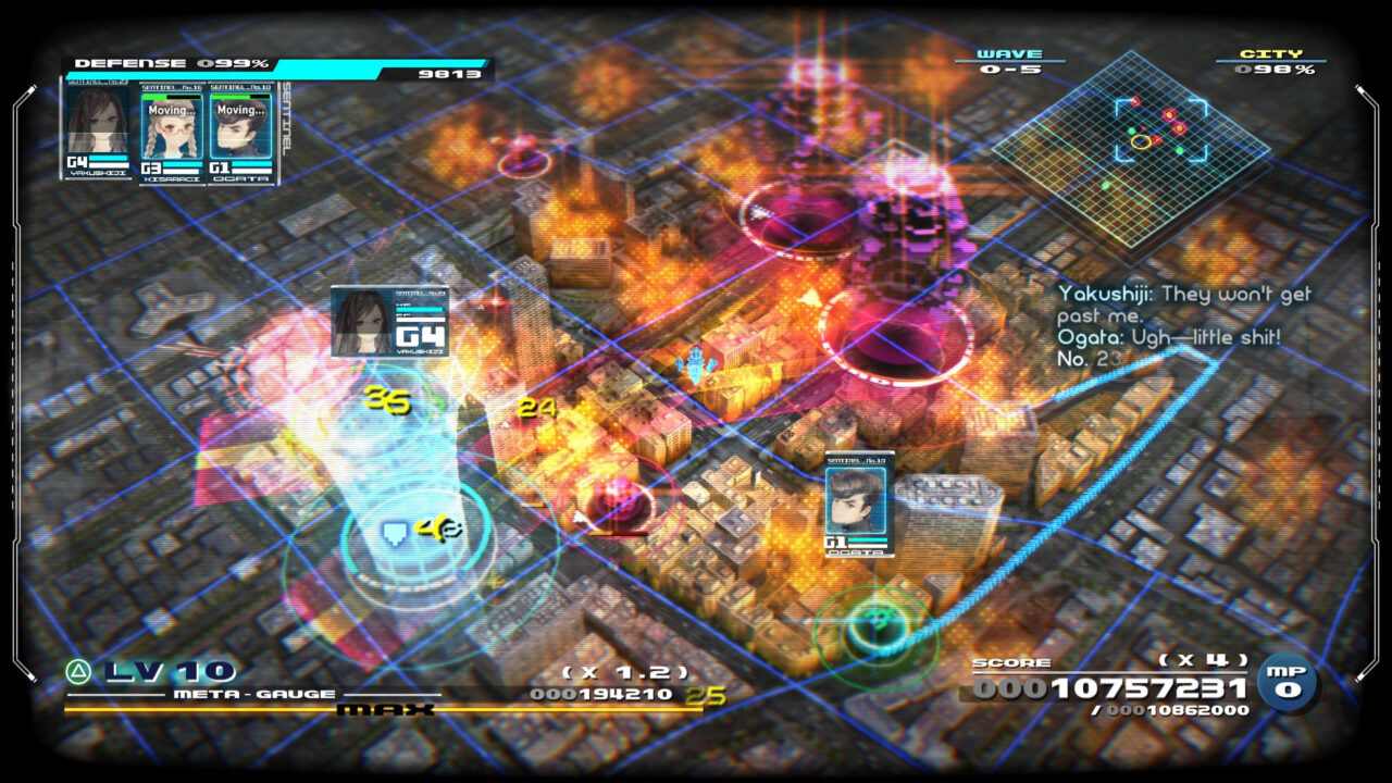 A combat screen where kaiju are attacking the Terminal in 13 Sentinels: Aegis Rim