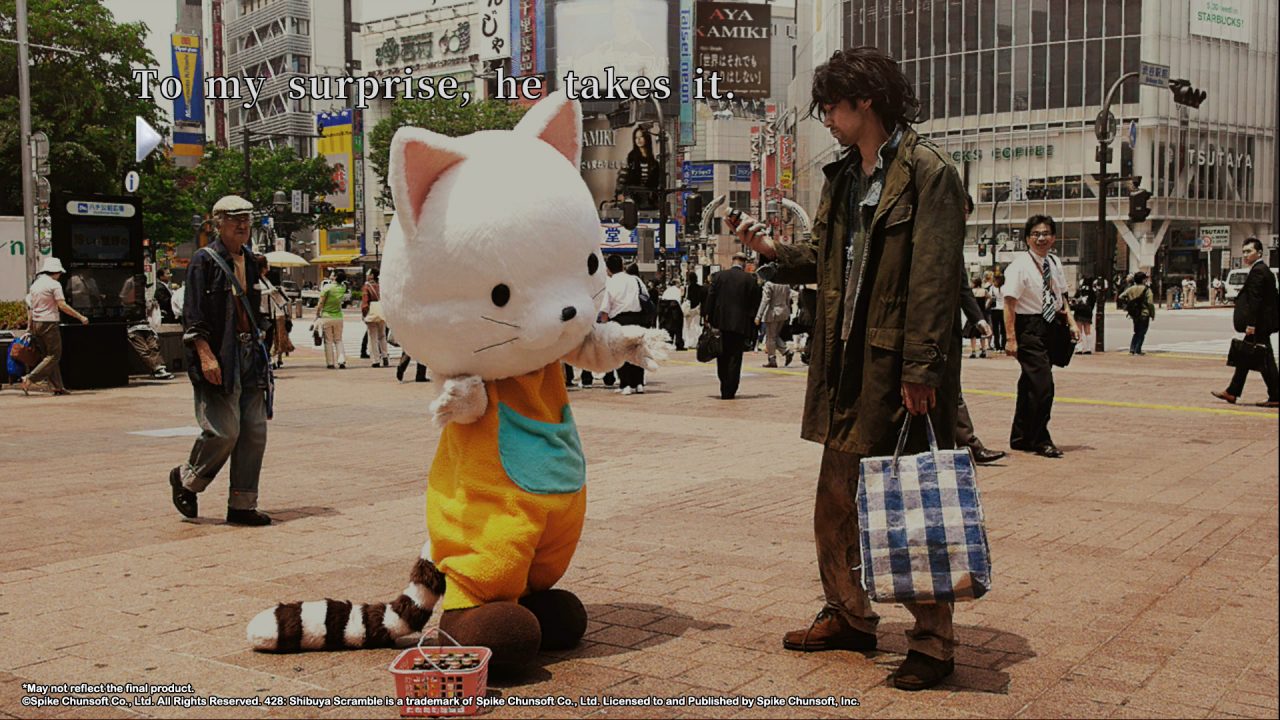 A person interacting with a character dressed up as an animal on the street in 428 shibuya scramble