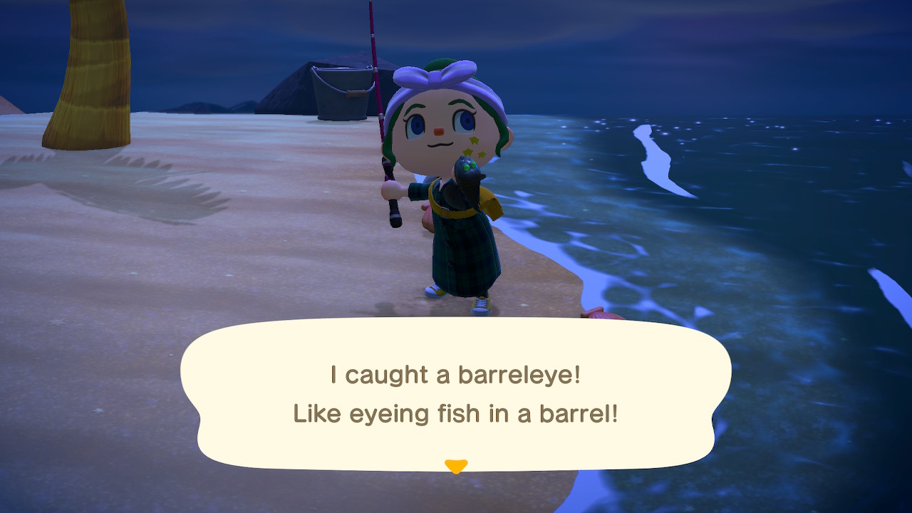 Villager at the shore holds up a small fish with the description I caught a barreleye! Like eyeing fish in a barrel!
