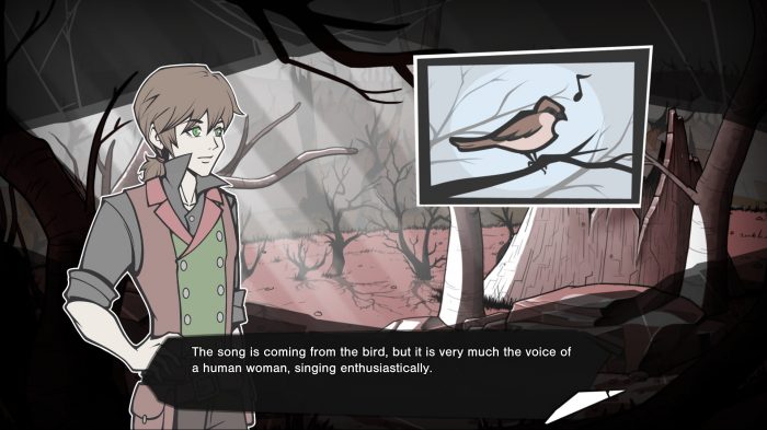 VN-style scene: a young man hears a bird singing in a humanlike voice.