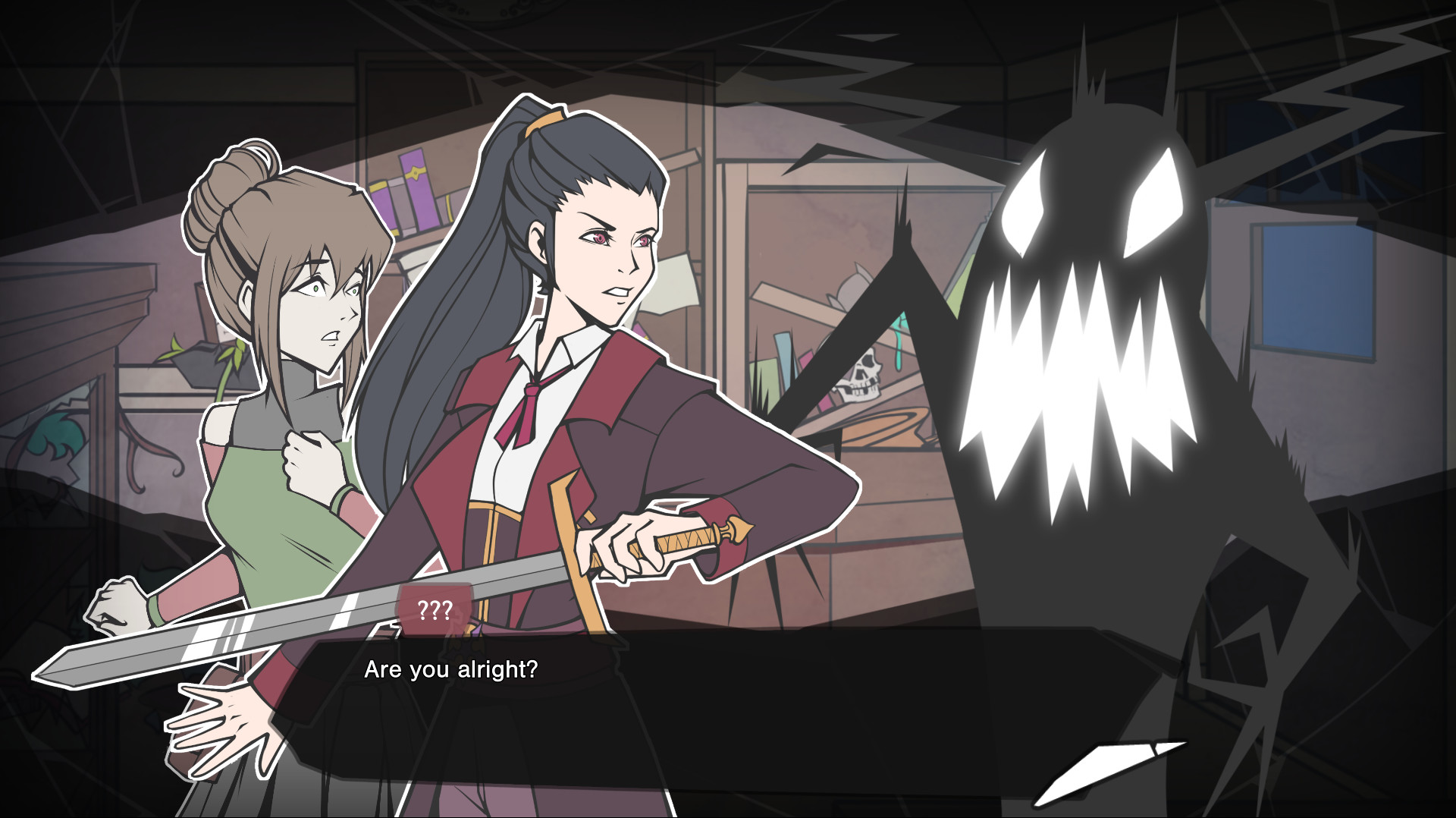 VN-style scene: a confrontation between two young women and a shadowy spirit.